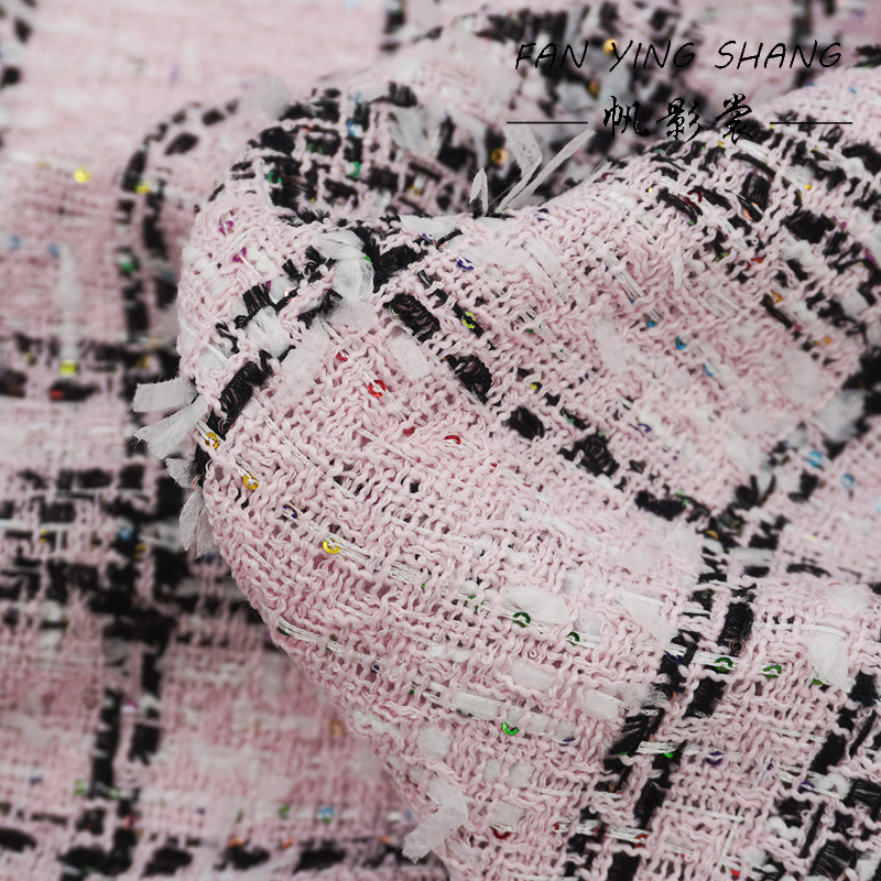 Sewing Tweed Fabric - Różowa Klasyczna Duża Krata Kolorowe Cekiny