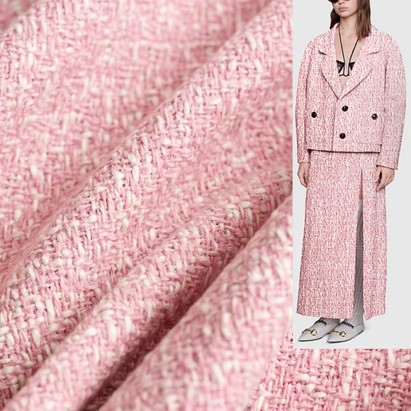 Sewing Tweed Fabric - Redraspberry 145cm różowa biała wełniana tkanina