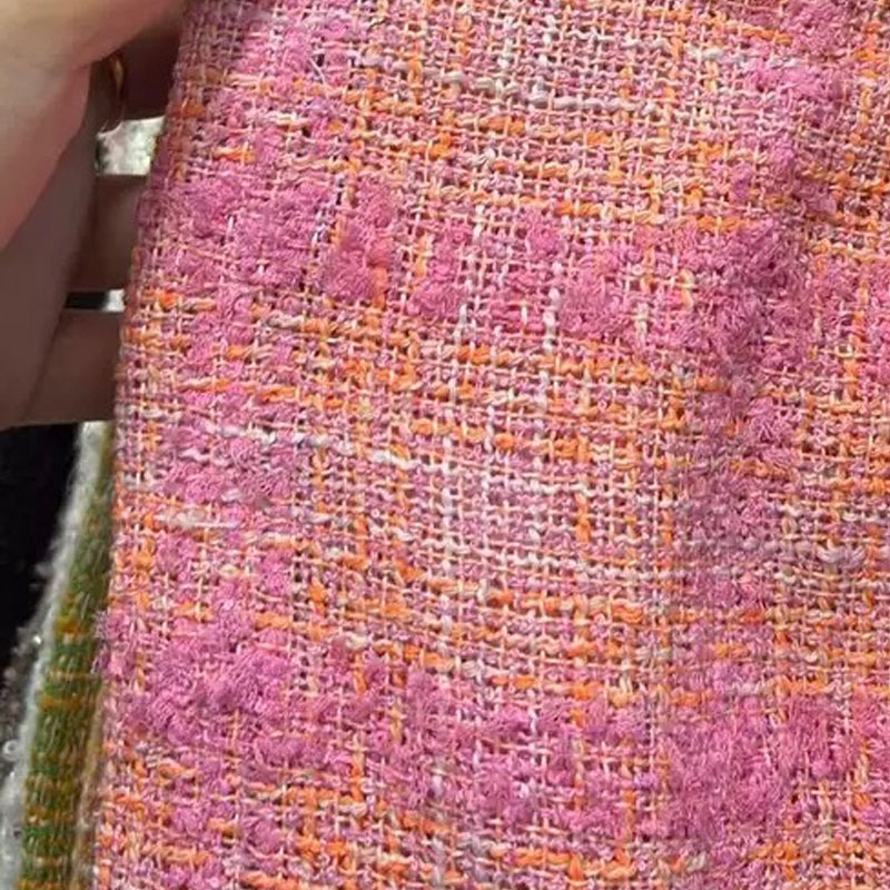 Sewing Tweed Fabric - Różowo-pomarańczowa krata z tkaniny tweed wstążkową,